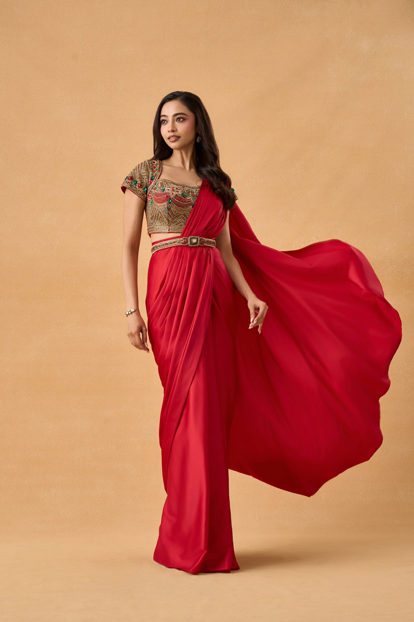 Scarlet Red Satin Drape Saree Set With Jadau Blouse