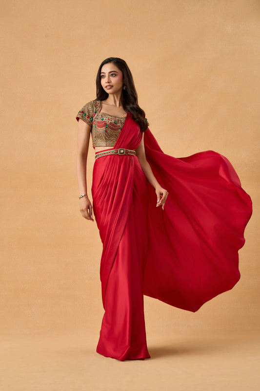 Scarlet Red Satin Drape Saree Set With Jadau Blouse