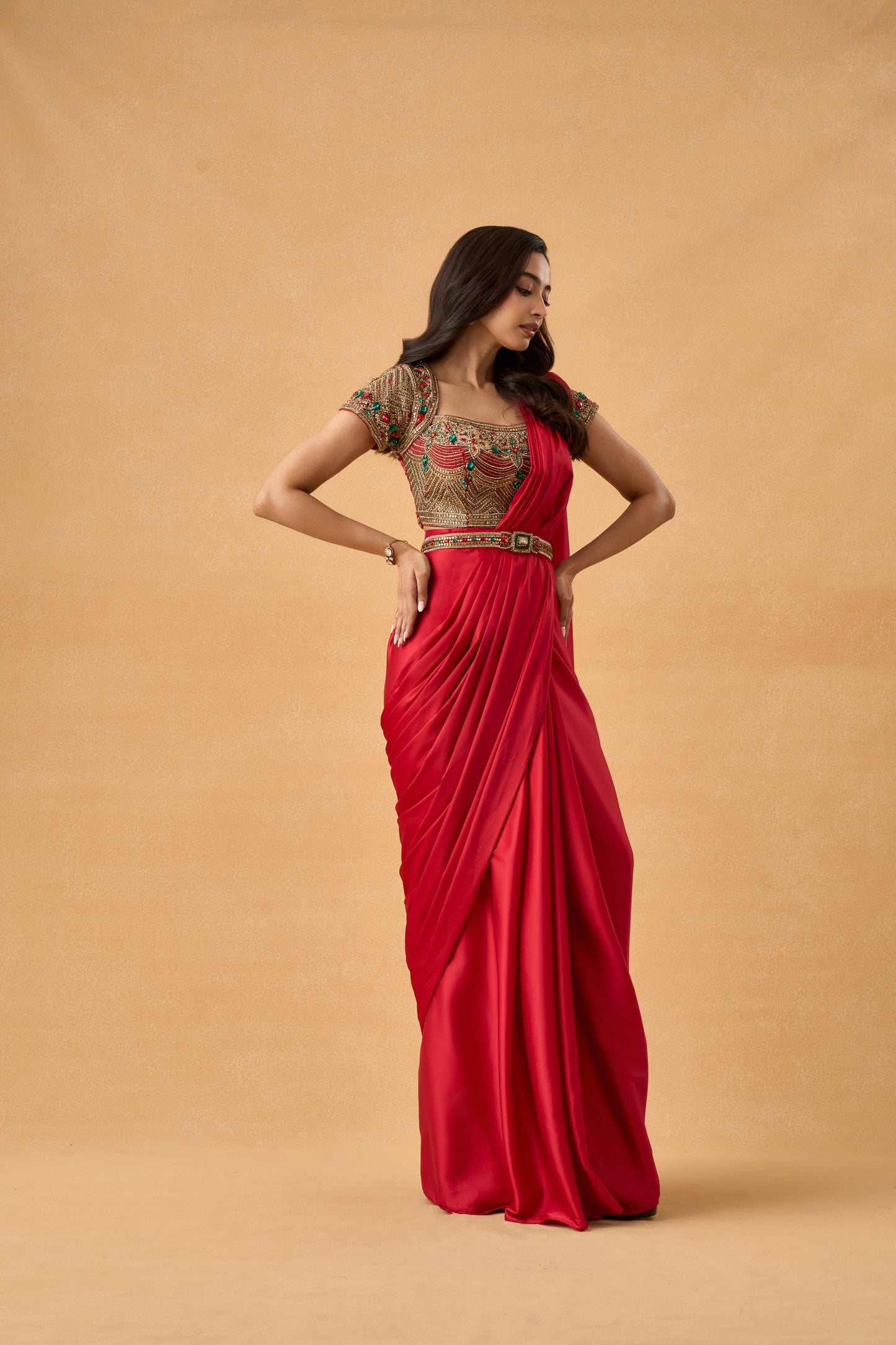 Scarlet Red Satin Drape Saree Set With Jadau Blouse