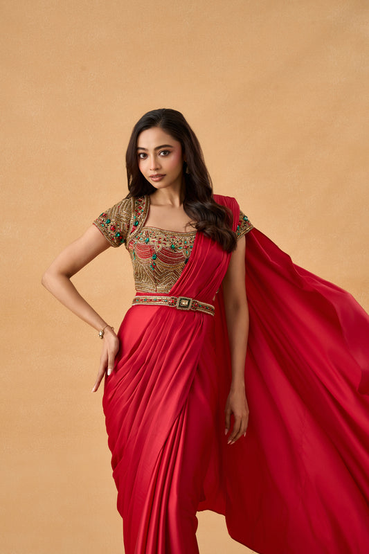 Scarlet Red Satin Drape Saree Set With Jadau Blouse