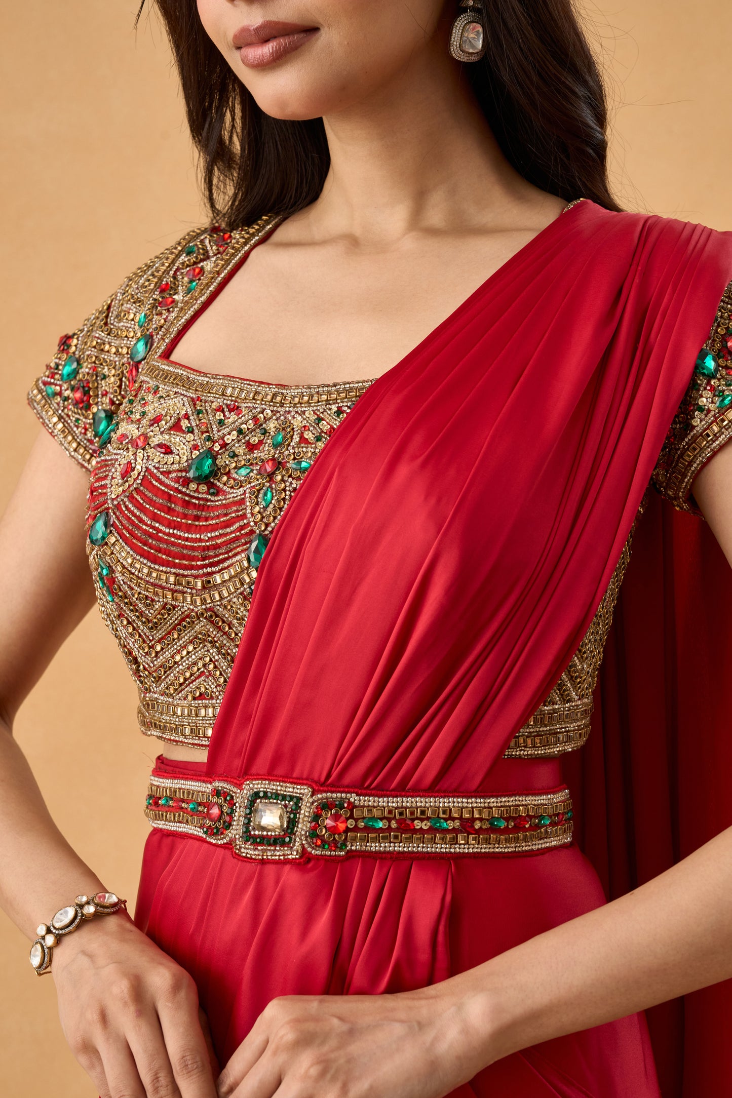 Scarlet Red Satin Drape Saree Set With Jadau Blouse