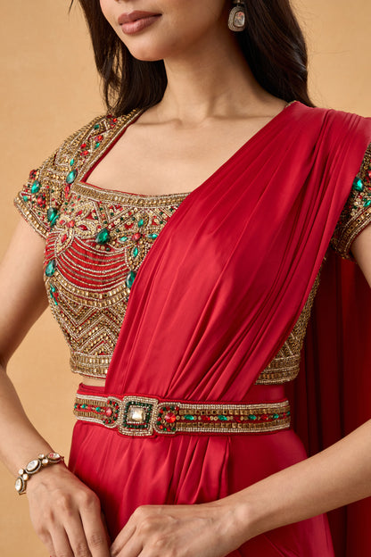 Scarlet Red Satin Drape Saree Set With Jadau Blouse
