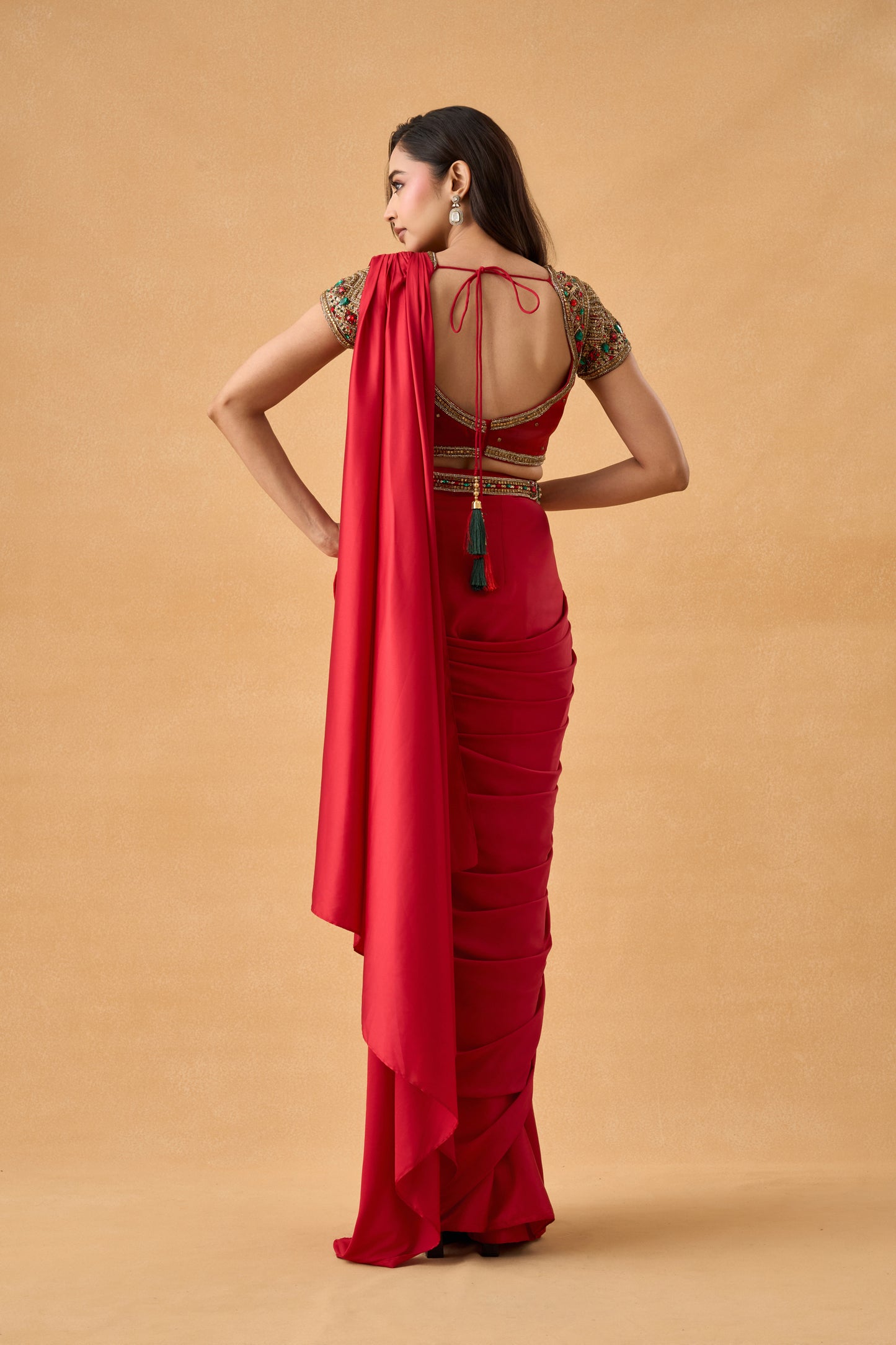 Scarlet Red Satin Drape Saree Set With Jadau Blouse