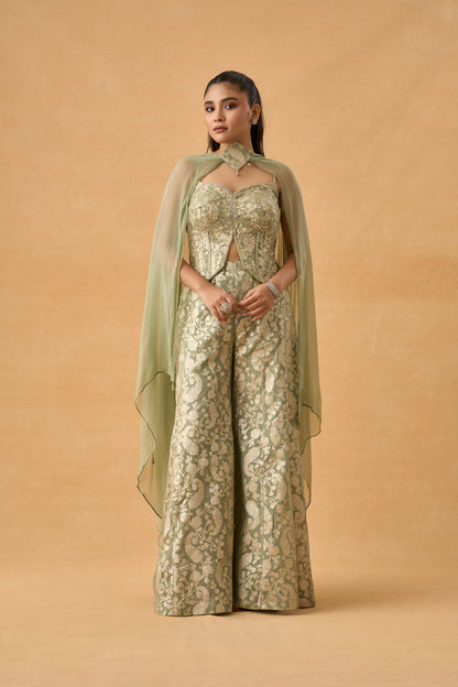 Pastel Green Banarasi Weave Indowestern Palazzo Set