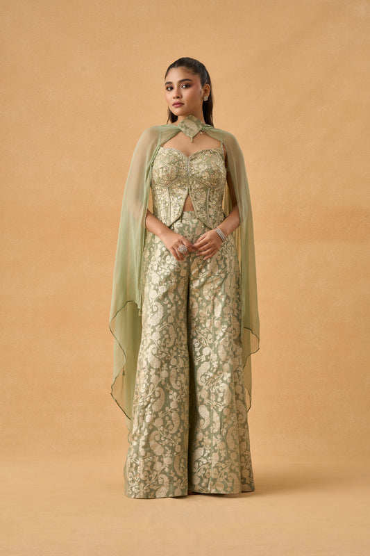 Pastel Green Banarasi Weave Indowestern Palazzo Set