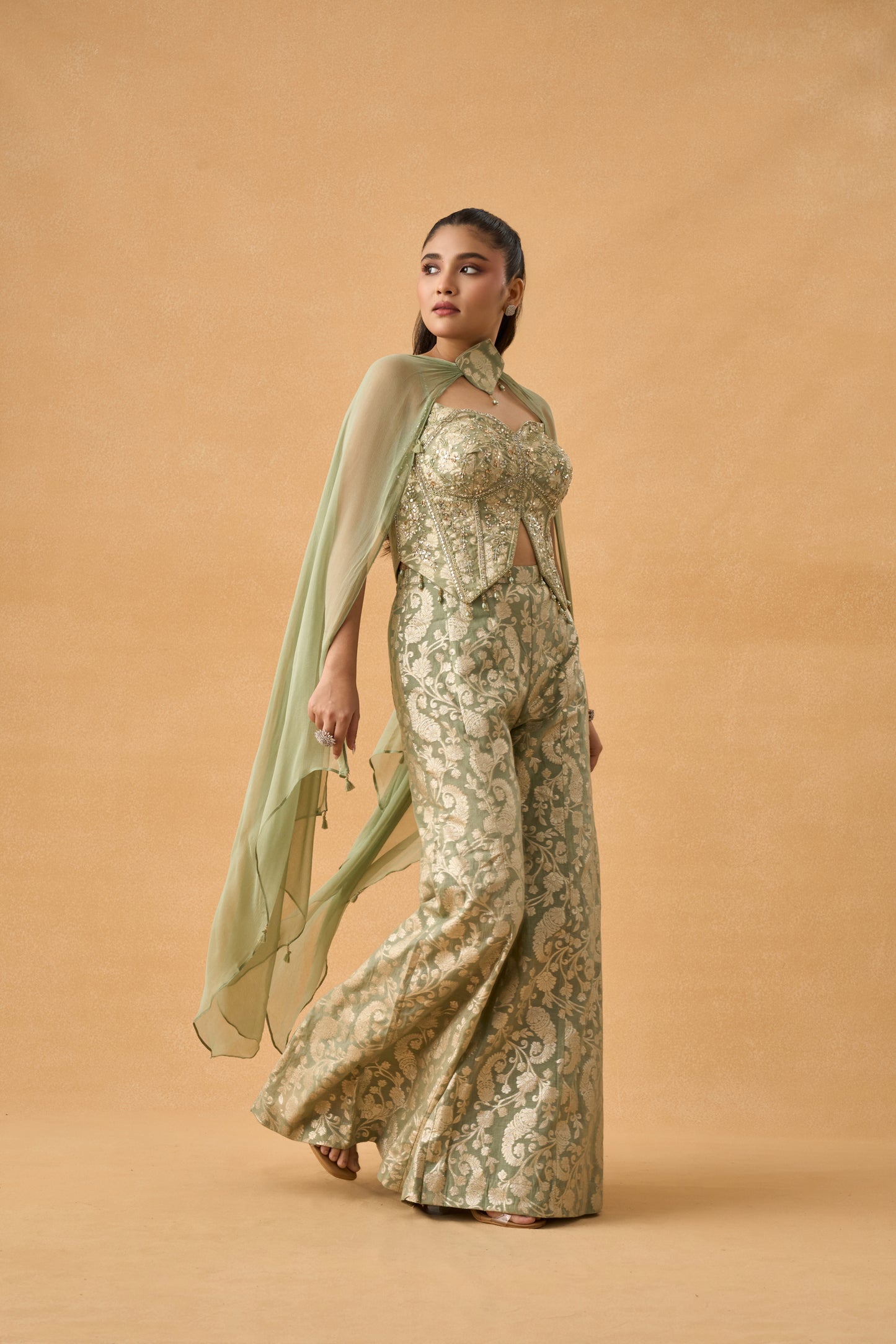 Pastel Green Banarasi Weave Indowestern Palazzo Set
