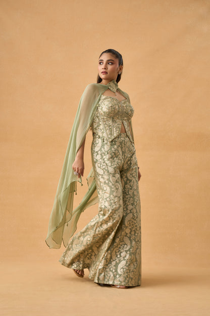 Pastel Green Banarasi Weave Indowestern Palazzo Set
