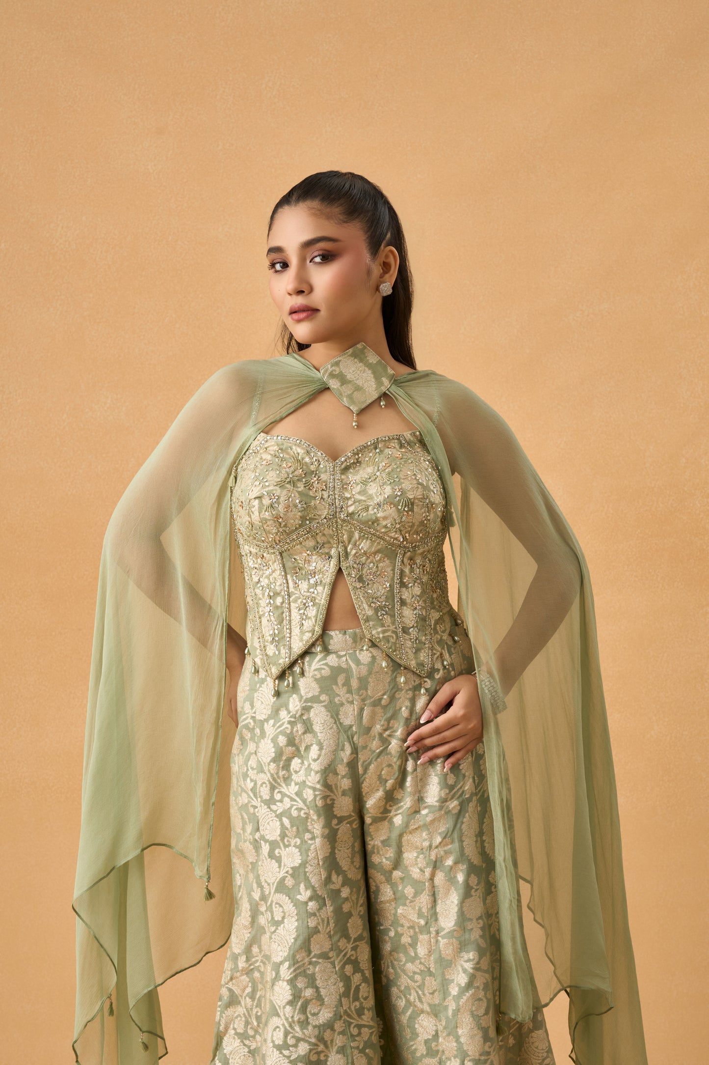 Pastel Green Banarasi Weave Indowestern Palazzo Set