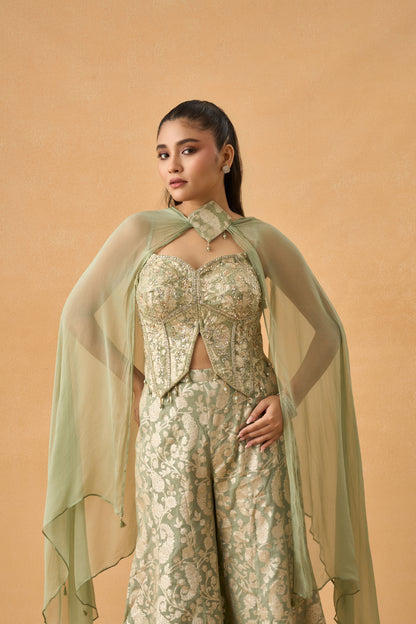 Pastel Green Banarasi Weave Indowestern Palazzo Set