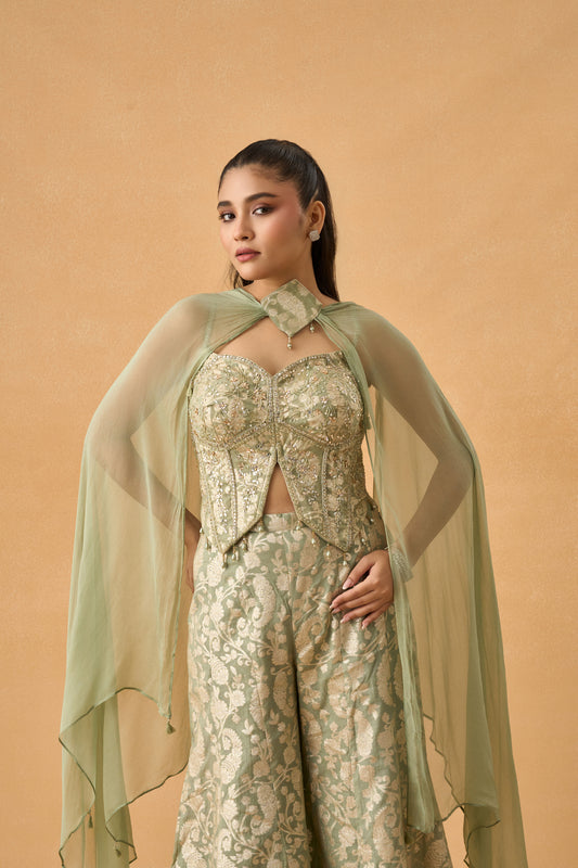 Pastel Green Banarasi Weave Indowestern Palazzo Set