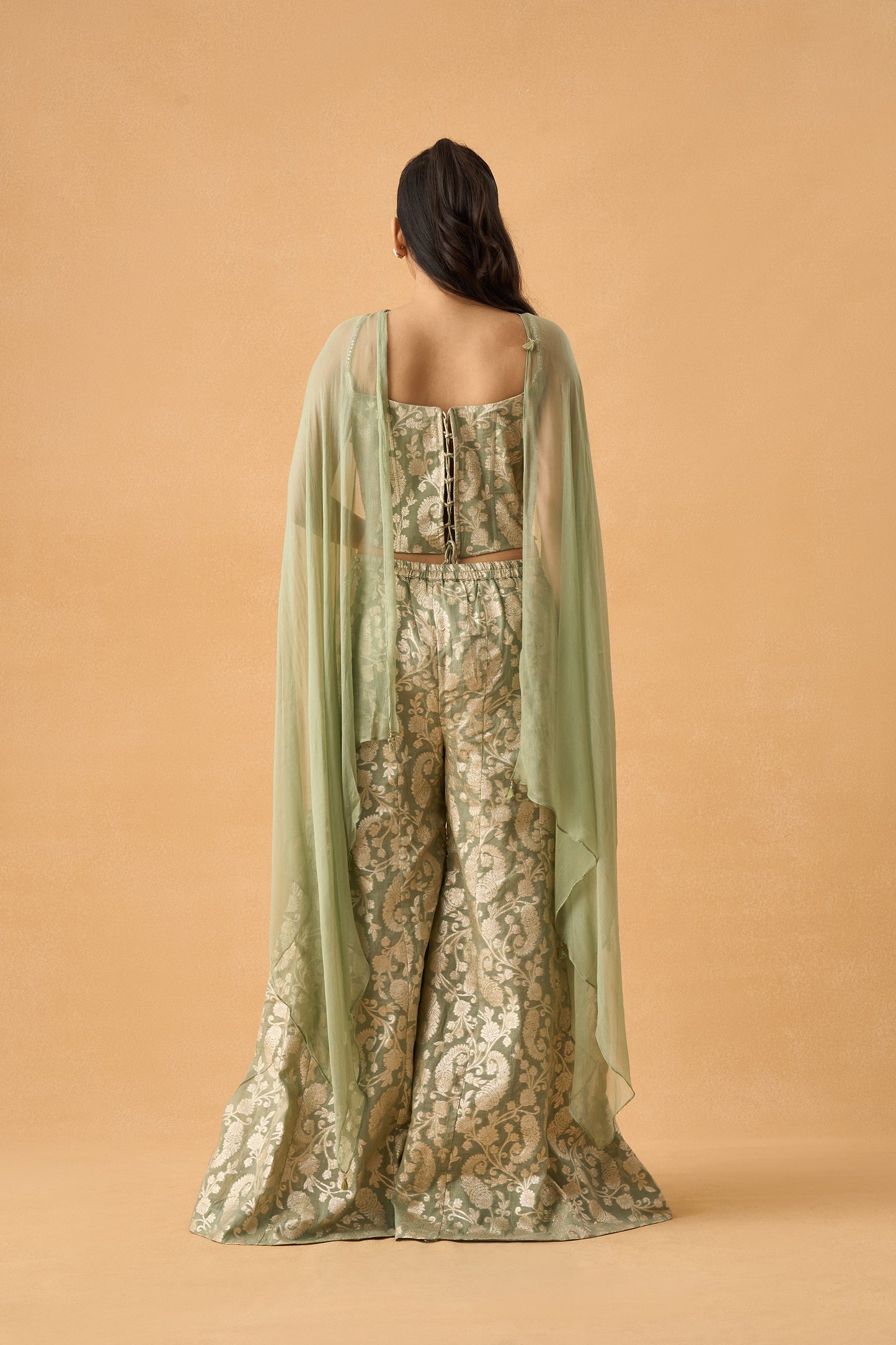 Pastel Green Banarasi Weave Indowestern Palazzo Set
