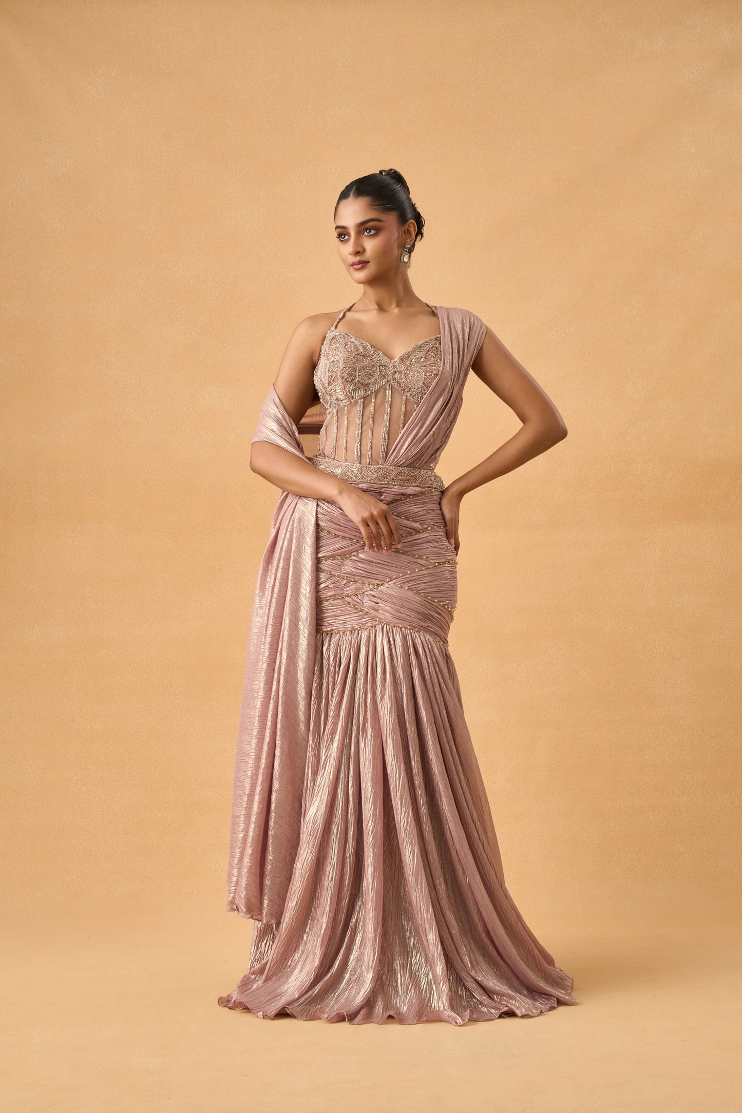 Metallic Dark Peach Fish-Cut Drape Saree With Corset Blouse