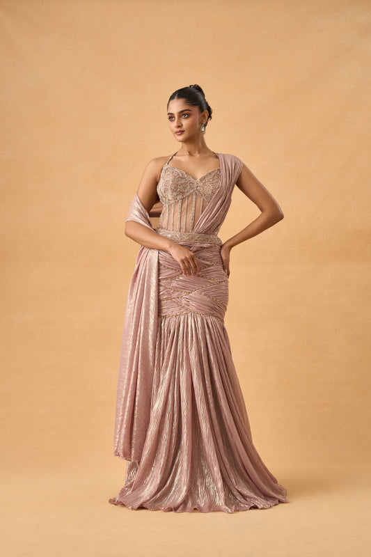 Metallic Dark Peach Fish-Cut Drape Saree With Corset Blouse