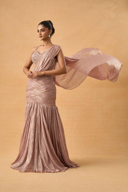 Metallic Dark Peach Fish-Cut Drape Saree With Corset Blouse