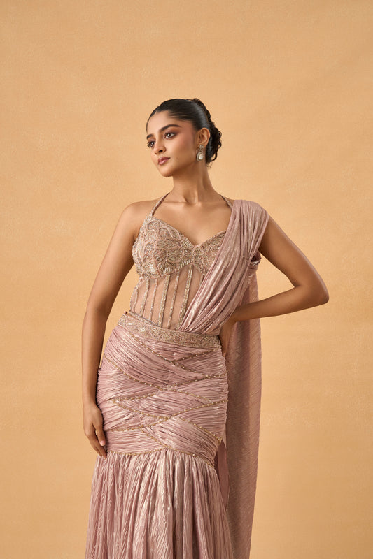 Metallic Dark Peach Fish-Cut Drape Saree With Corset Blouse