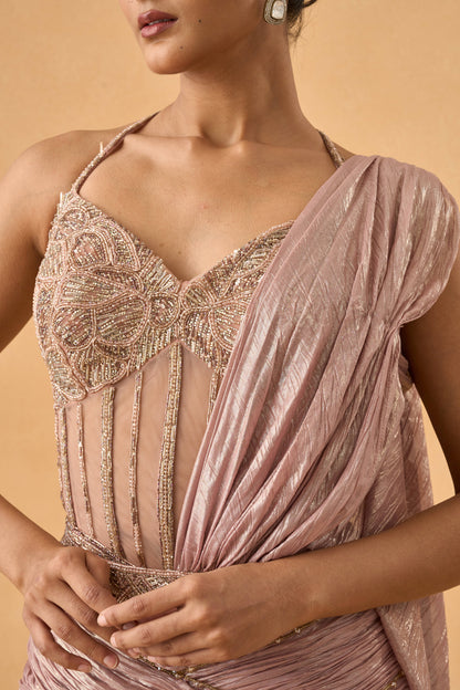 Metallic Dark Peach Fish-Cut Drape Saree With Corset Blouse