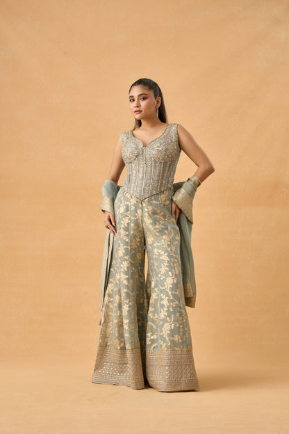 Sage Grey Banarasi Tissue Indowestern Palazzo Set