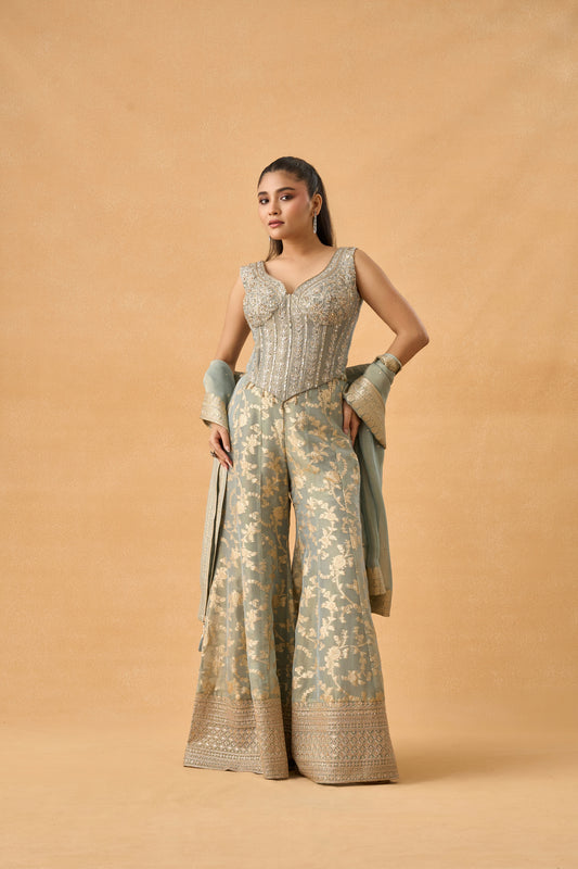 Sage Grey Banarasi Tissue Indowestern Palazzo Set