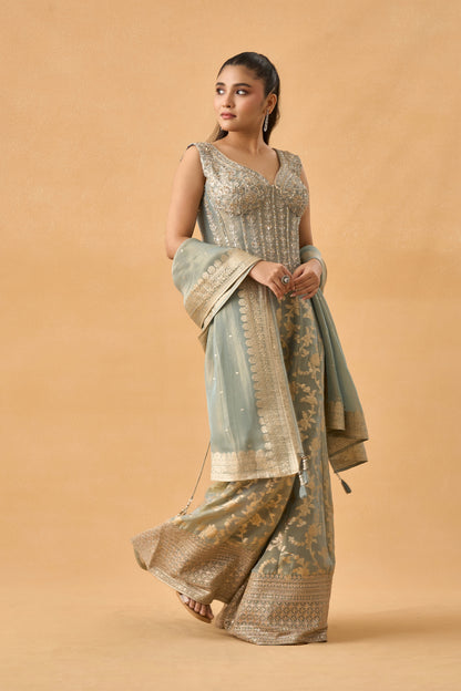 Sage Grey Banarasi Tissue Indowestern Palazzo Set