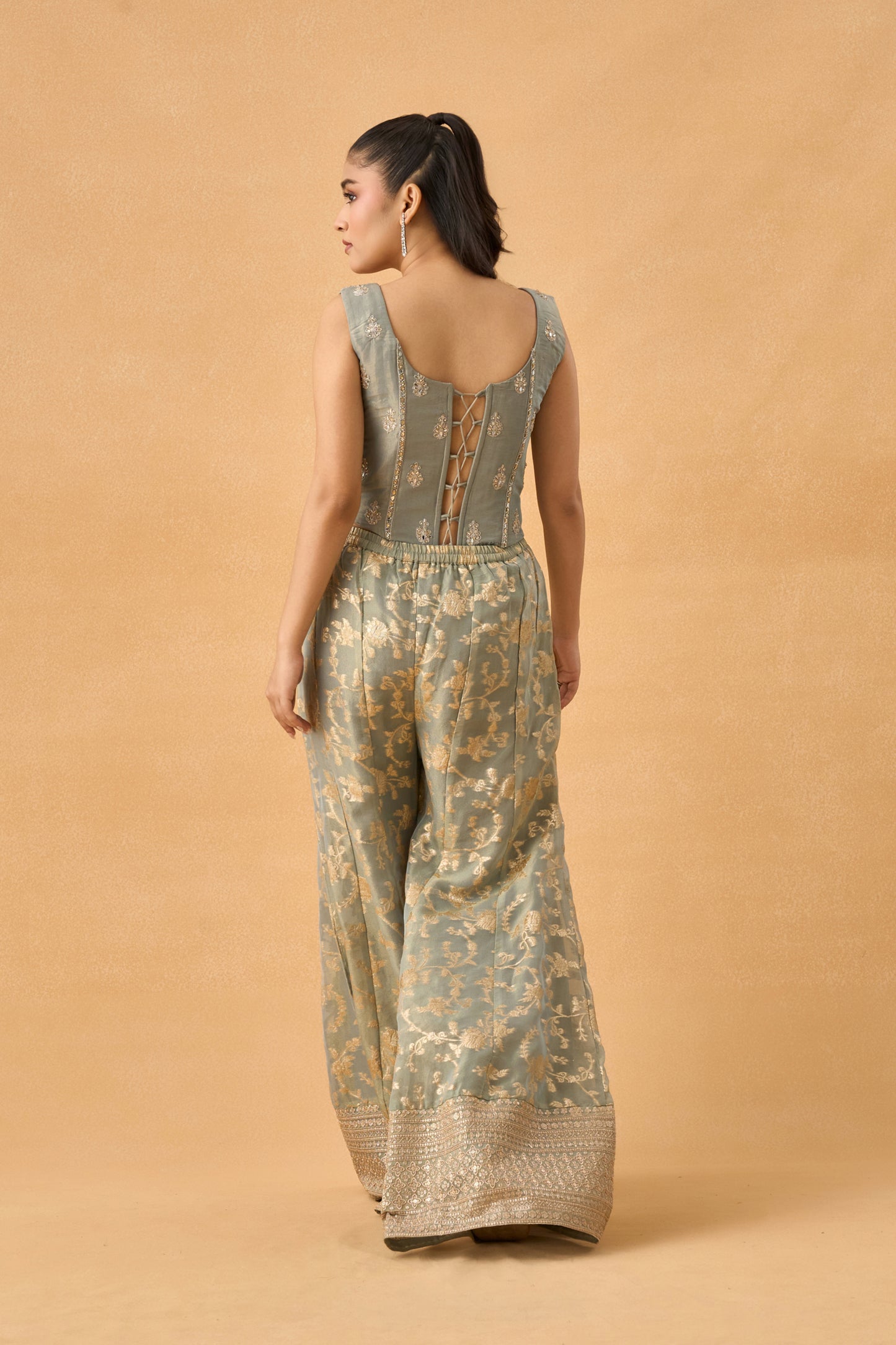 Sage Grey Banarasi Tissue Indowestern Palazzo Set