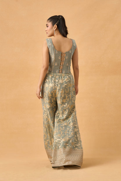 Sage Grey Banarasi Tissue Indowestern Palazzo Set