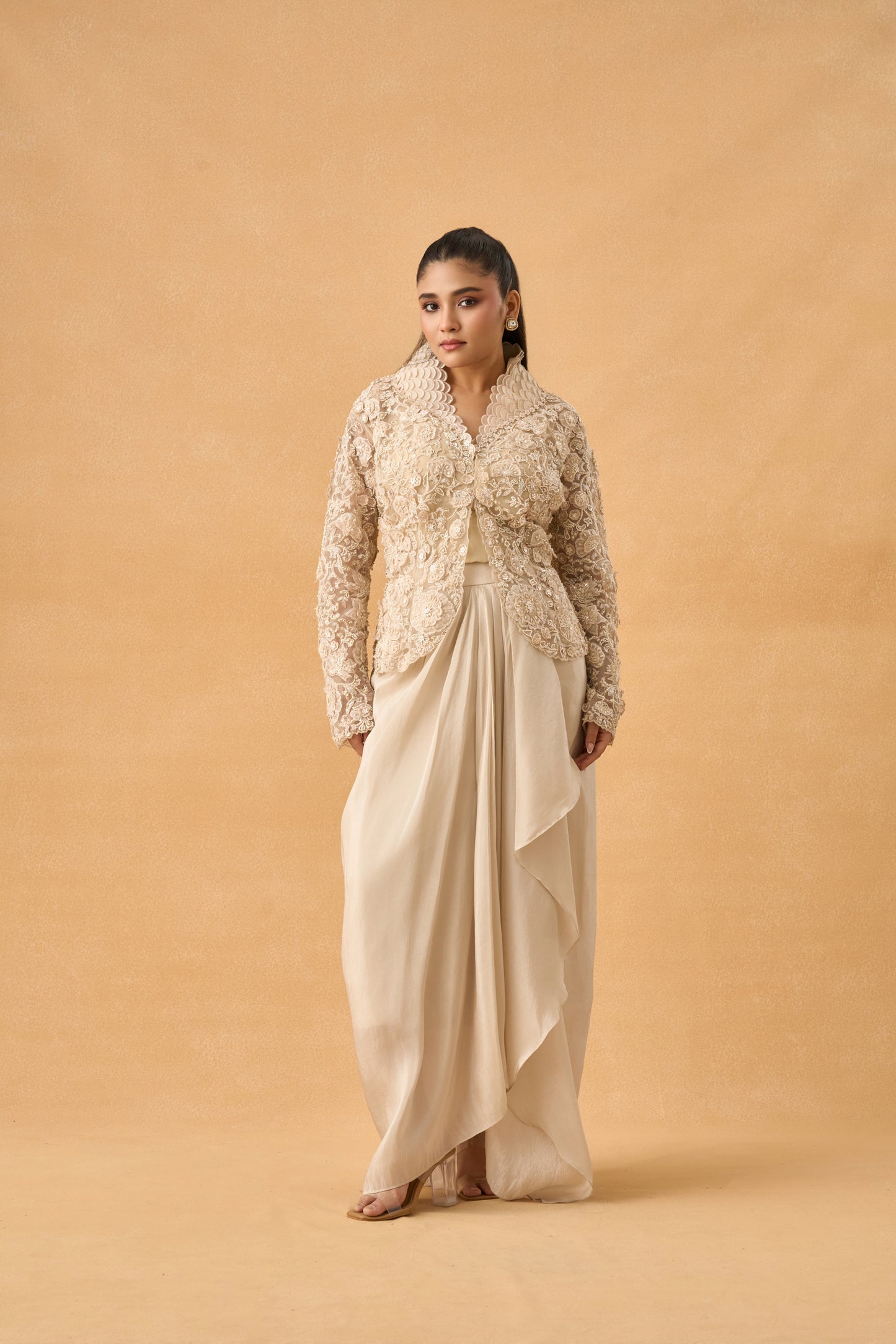 Off White Tissue Crop Top Skirt Set With Net Embroidered Jacket