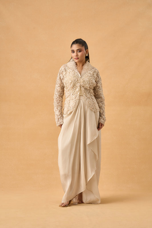 Off White Tissue Crop Top Skirt Set With Net Embroidered Jacket