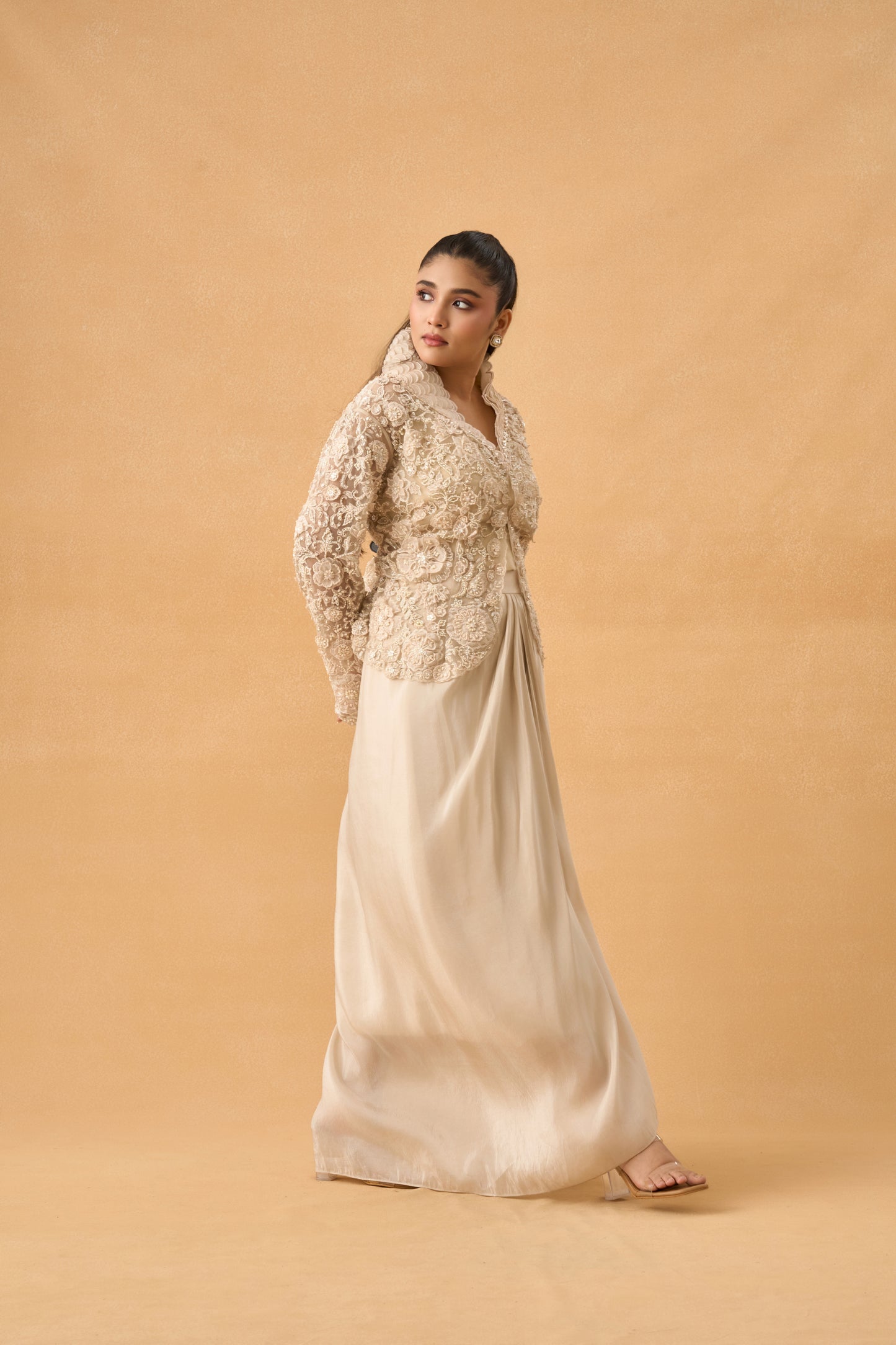 Off White Tissue Crop Top Skirt Set With Net Embroidered Jacket