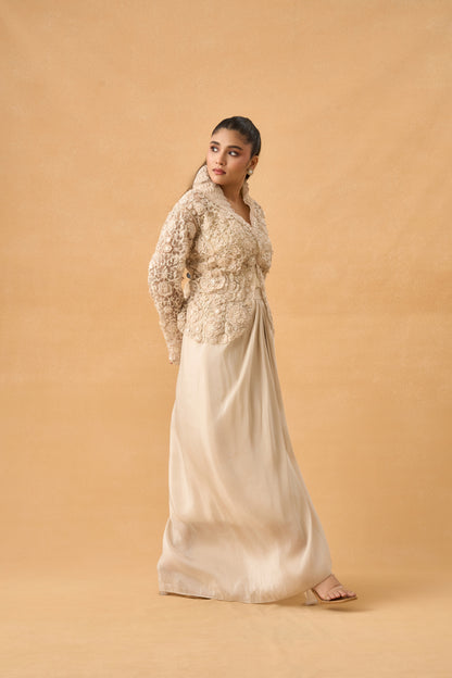 Off White Tissue Crop Top Skirt Set With Net Embroidered Jacket