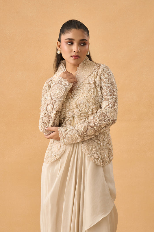 Off White Tissue Crop Top Skirt Set With Net Embroidered Jacket