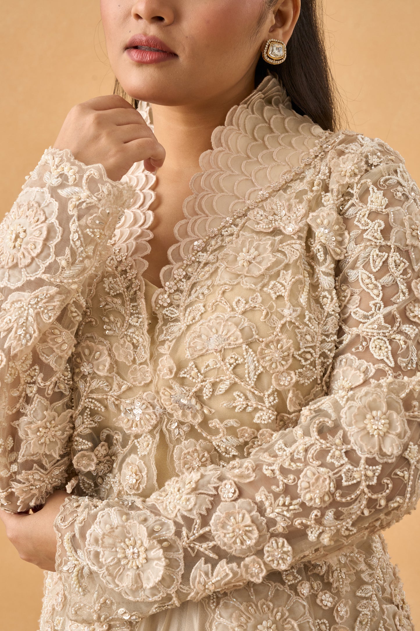 Off White Tissue Crop Top Skirt Set With Net Embroidered Jacket