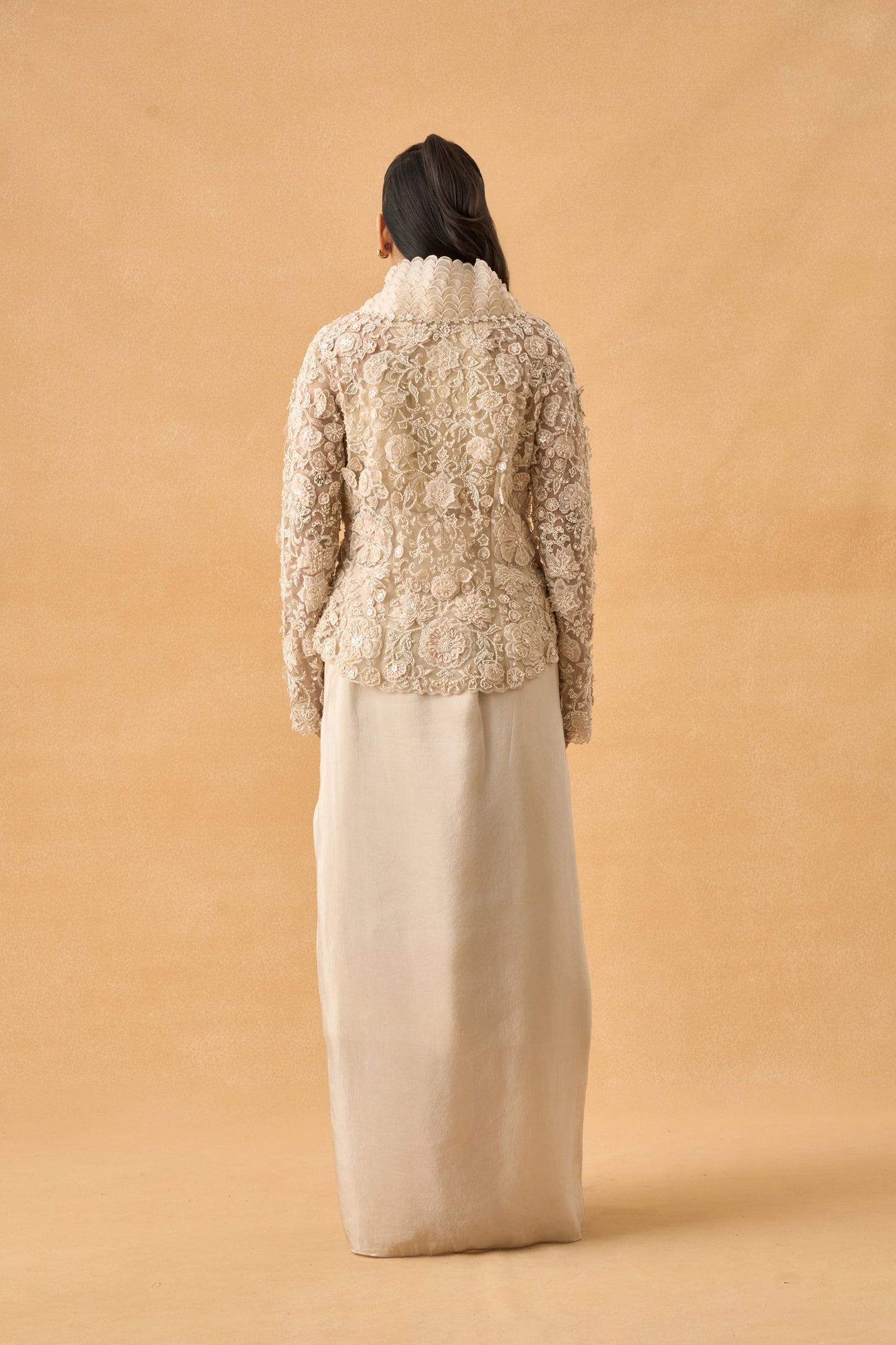 Off White Tissue Crop Top Skirt Set With Net Embroidered Jacket