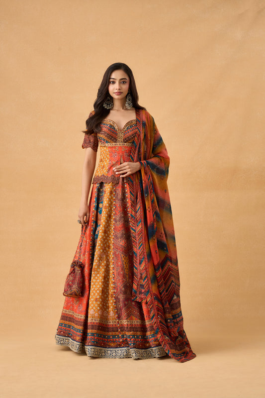 Multi-Colour Ajrakh Lehenga Set With Potli