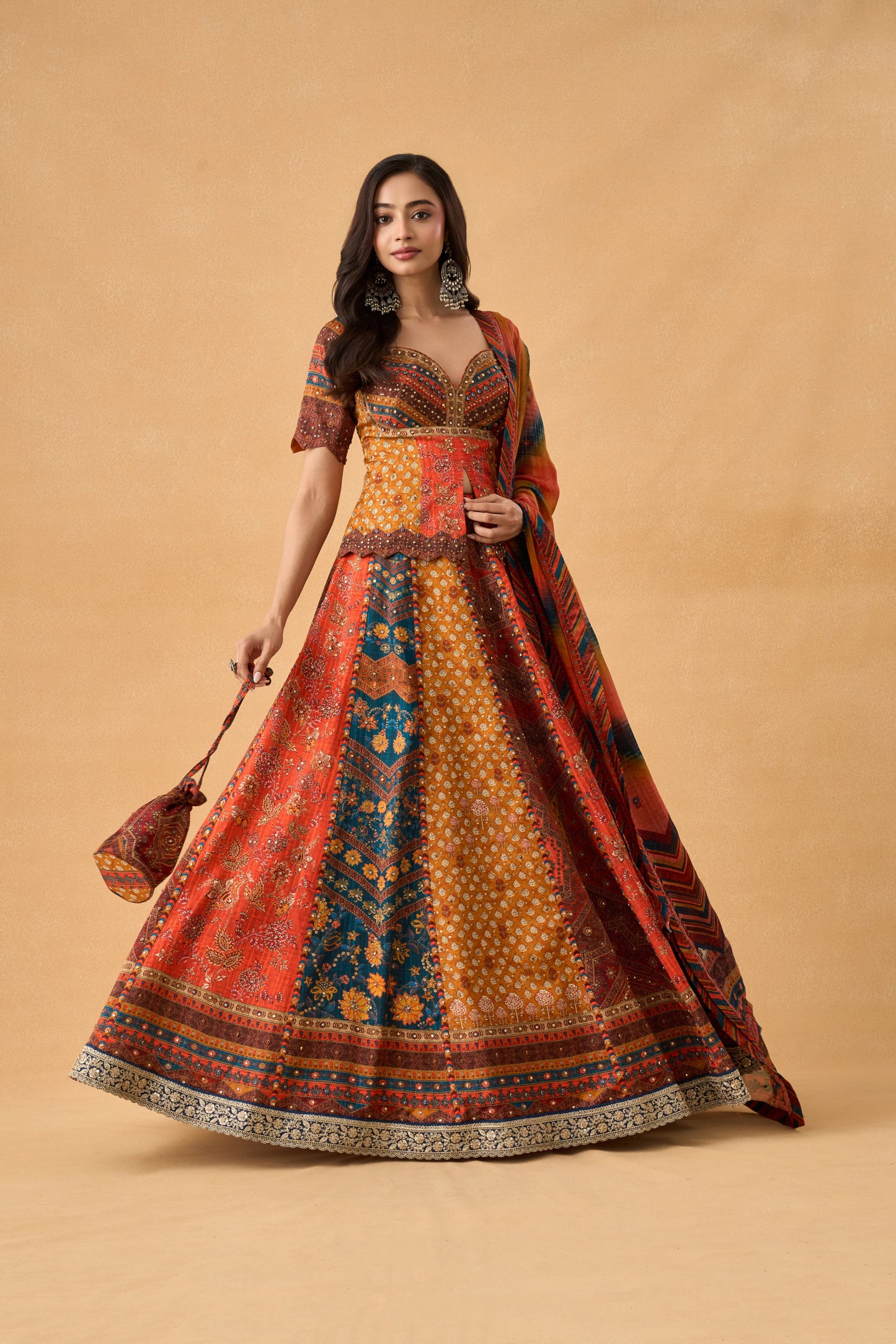 Multi-Colour Ajrakh Lehenga Set With Potli