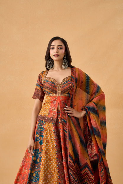 Multi-Colour Ajrakh Lehenga Set With Potli