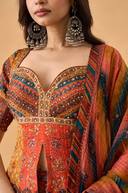 Multi-Colour Ajrakh Lehenga Set With Potli