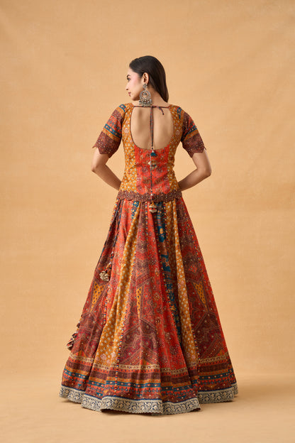 Multi-Colour Ajrakh Lehenga Set With Potli