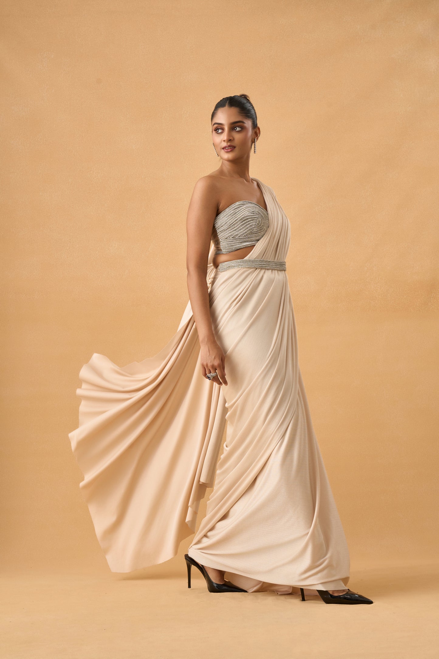 Champagne Shimmer Drape Saree