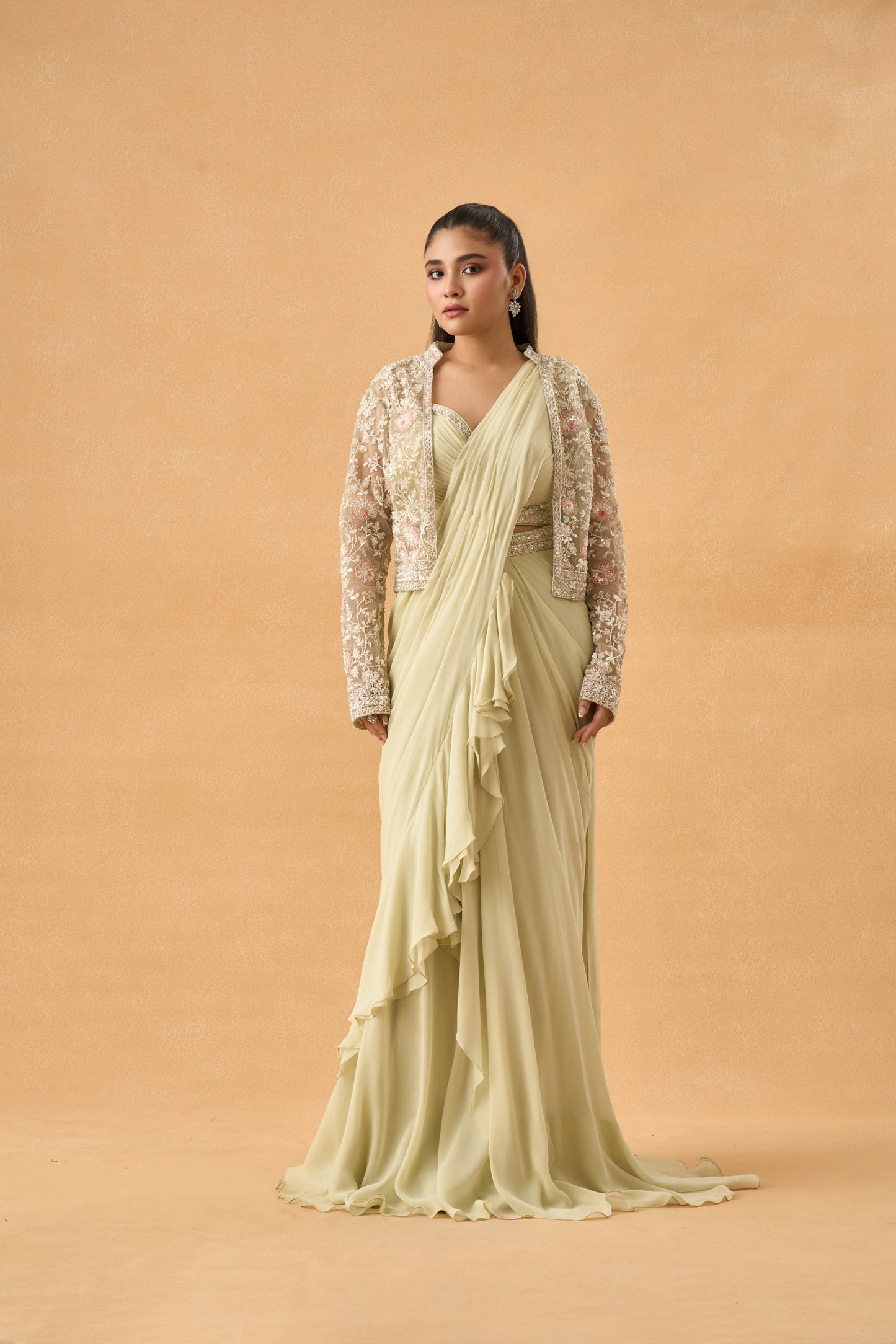 Pista Green Drape Saree With Embellished Jacket