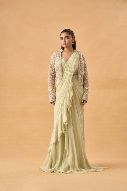 Pista Green Drape Saree With Embellished Jacket