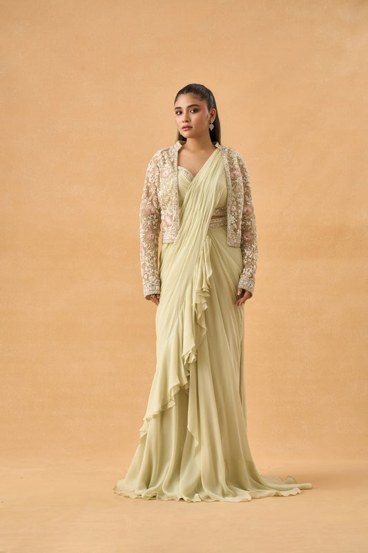 Pista Green Drape Saree With Embellished Jacket