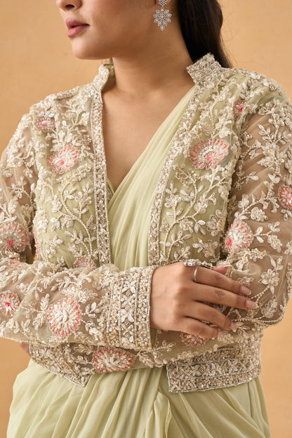 Pista Green Drape Saree With Embellished Jacket