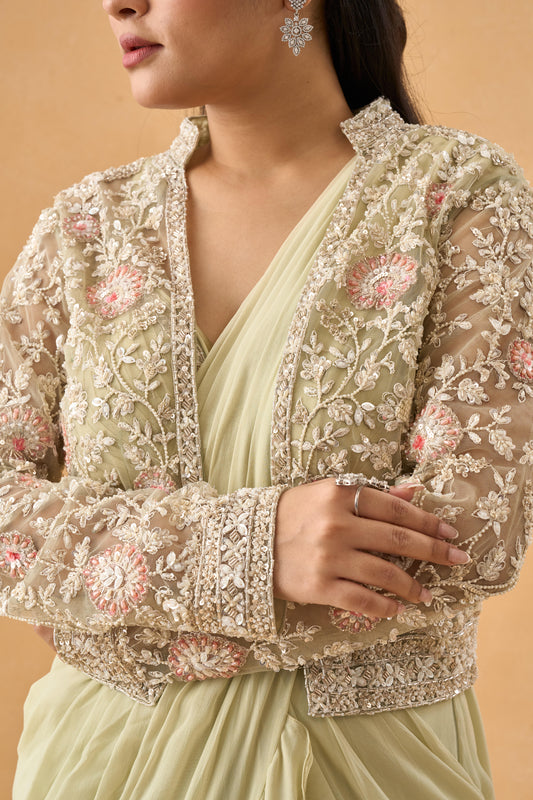 Pista Green Drape Saree With Embellished Jacket