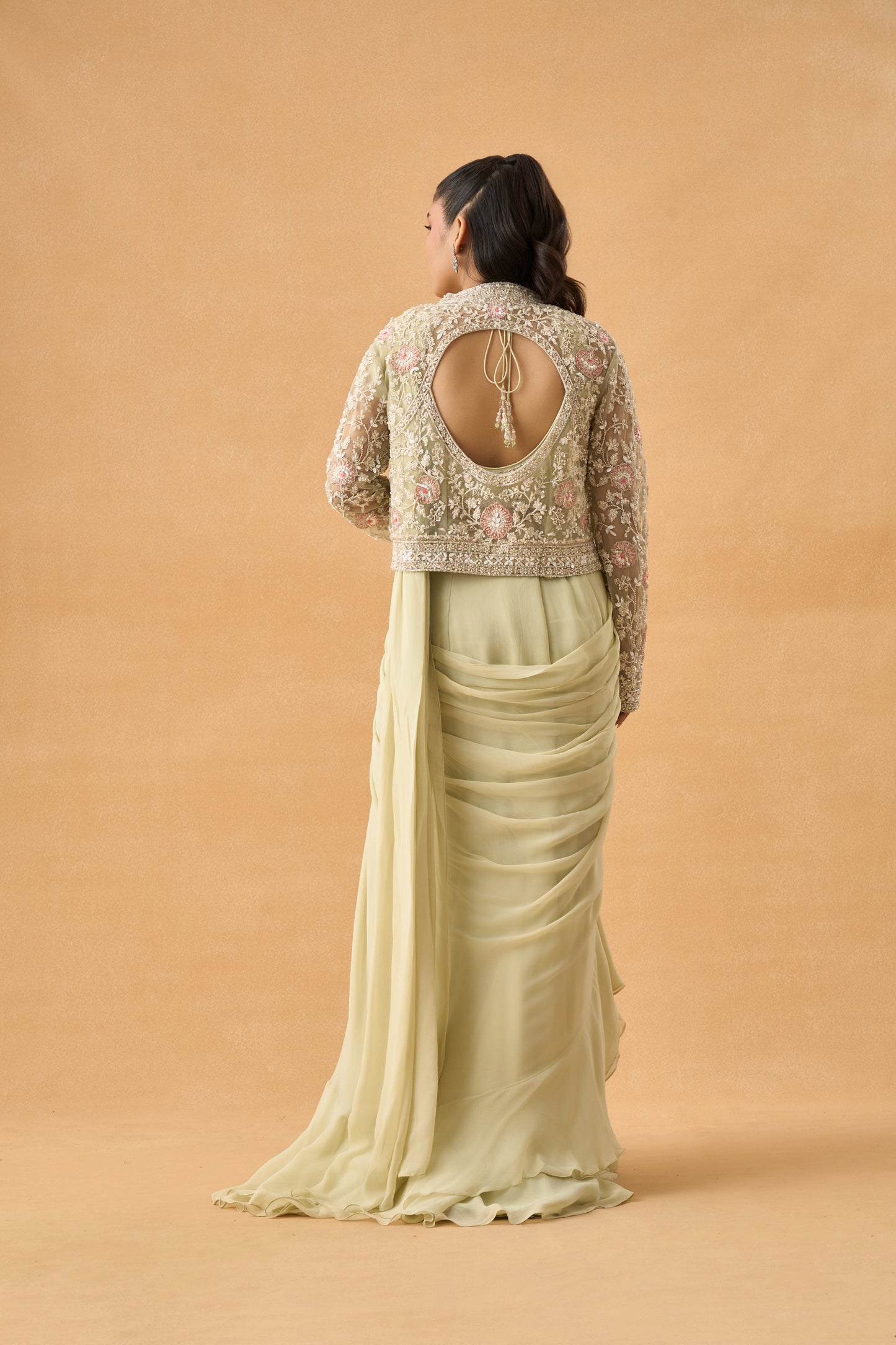 Pista Green Drape Saree With Embellished Jacket