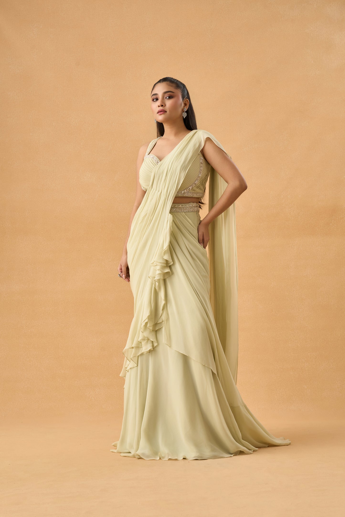 Pista Green Drape Saree With Embellished Jacket