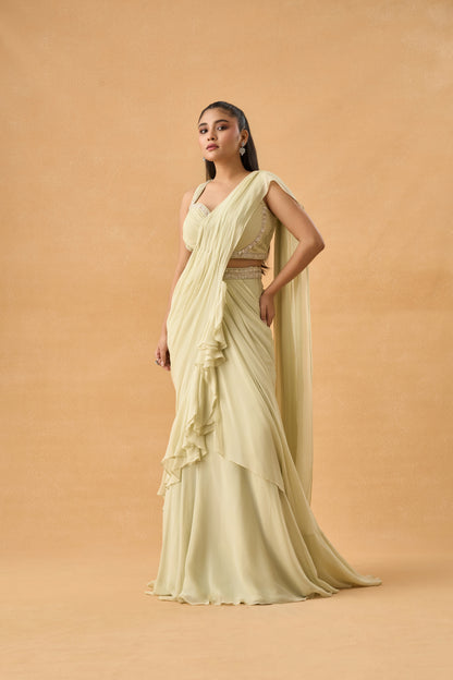Pista Green Drape Saree With Embellished Jacket