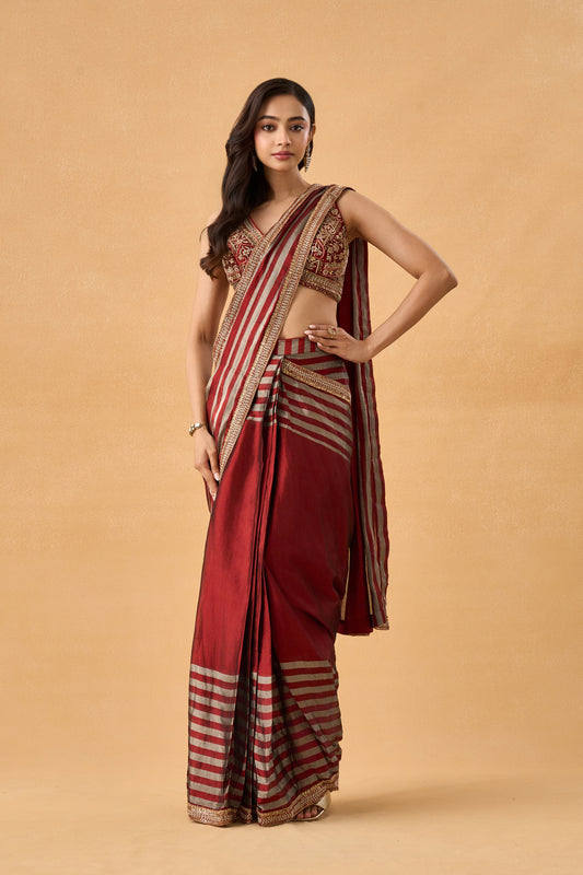 Maroon Kanjeevaram Tissue Drape Saree