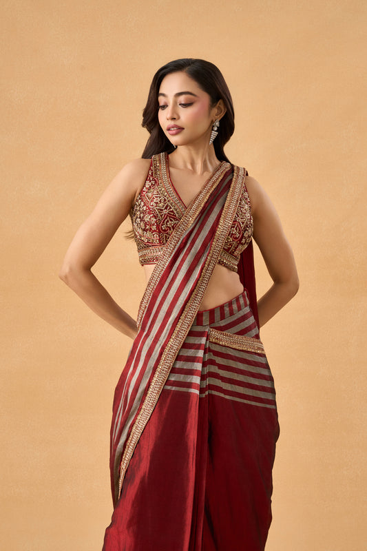 Maroon Kanjeevaram Tissue Drape Saree