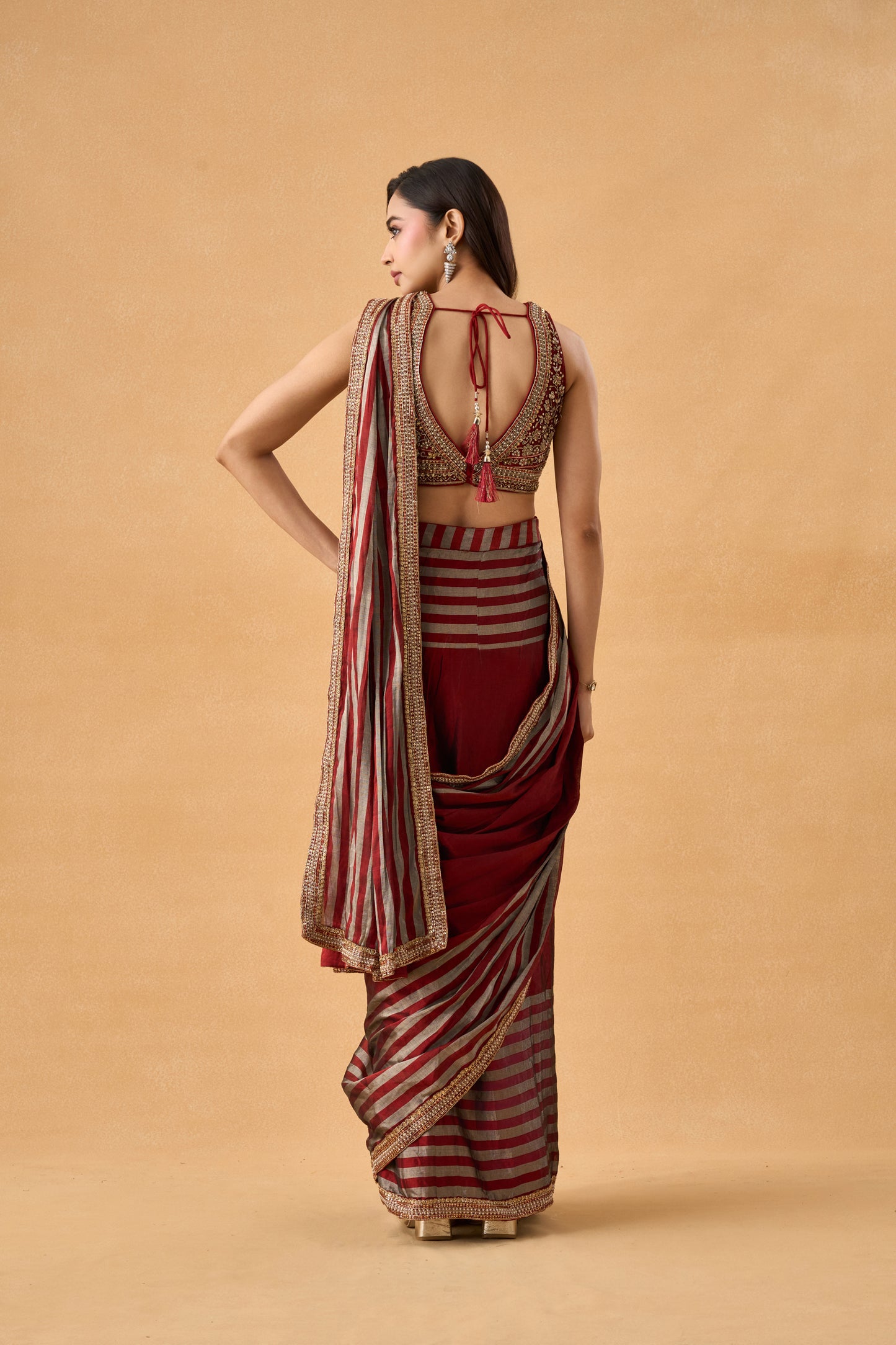 Maroon Kanjeevaram Tissue Drape Saree