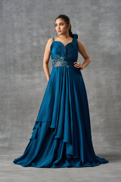 Teal Blue Satin Silk Cocktail Gown